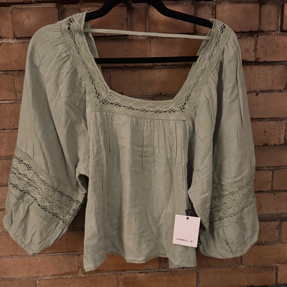 O'Neill Sage Green Blouse with Lace Accents